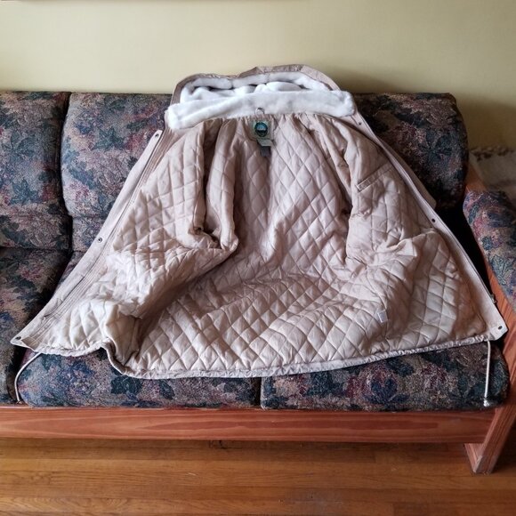 Vintage 80s, suede leather coat, fur fabric lined hood, XL by Weather Spirits - Picture 5 of 15